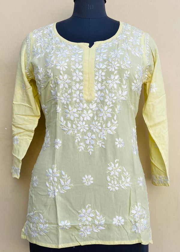 Lucknowi Chikankari Short Kurti Yellow Modal Cotton