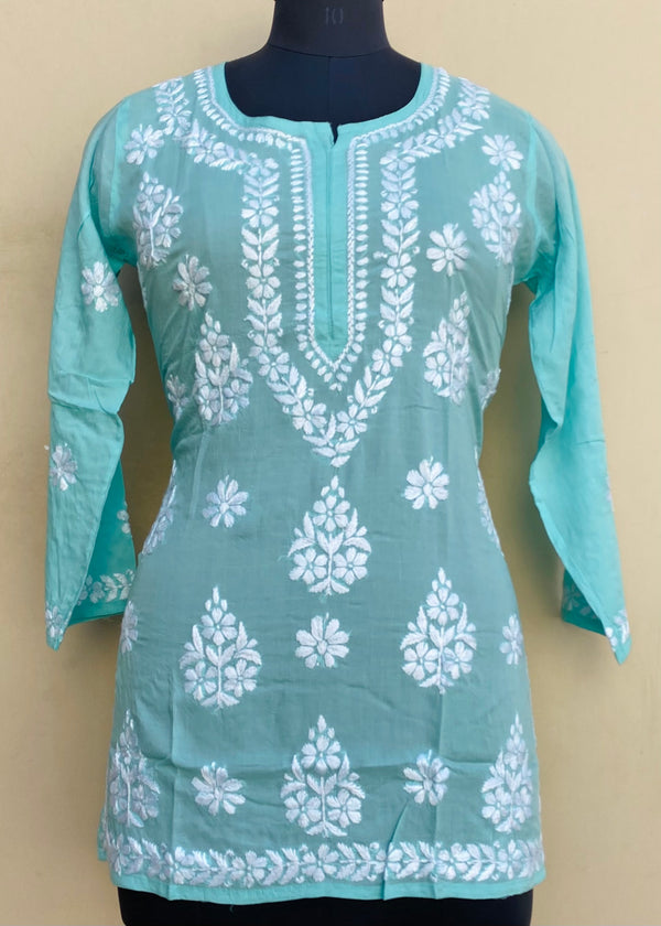 Lucknowi Chikankari Short Kurti Sea Green Modal Cotton