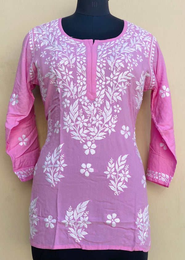 Lucknowi Chikankari Short Kurti Pink Modal Cotton