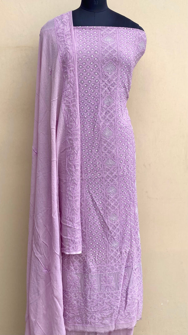 Lucknowi Chikankari Suit Length 2 Peice Purple Pure Georgette With Mukaish Work