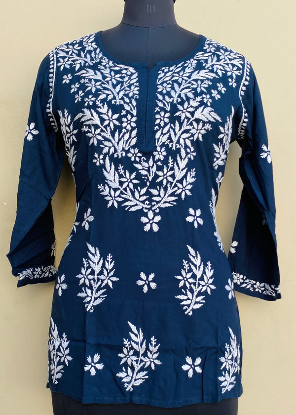 Lucknowi Chikankari Short Kurti Navy Blue Modal Cotton