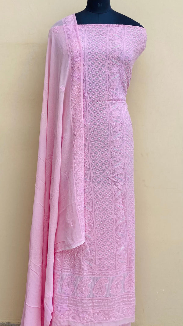 Luchnowi Chikankari Suit Length 2 Piece Pink Pure Georgette With Cutdana Work