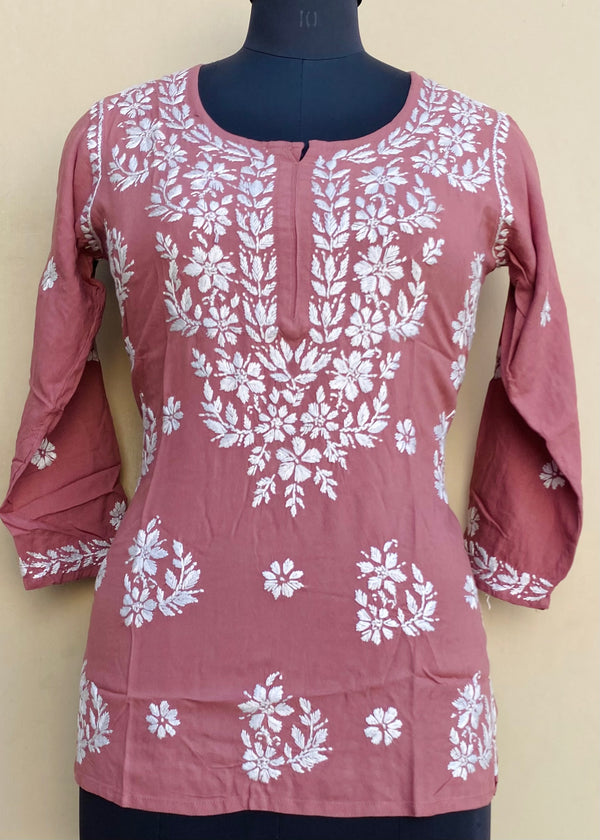 Lucknowi Chikankari Short Kurti Rose Pink Modal Cotton