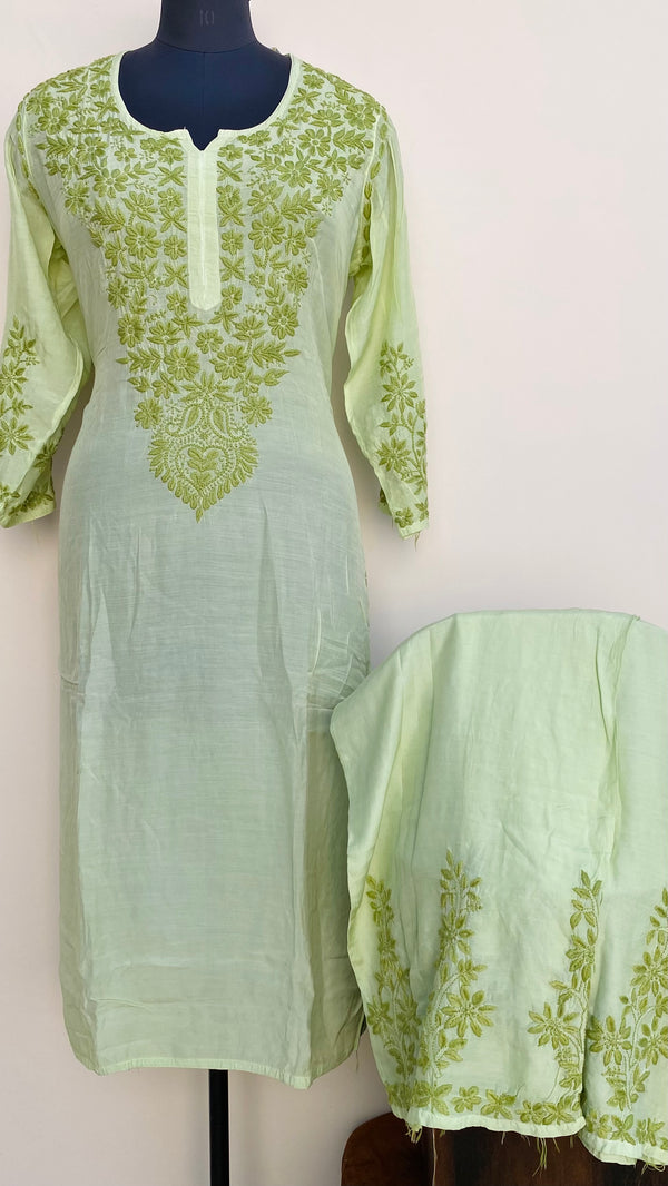 Lucknowi Chikankari Co-ord Set Parrot Green Muslin Cotton