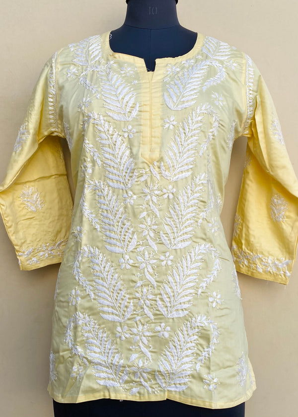 Lucknowi Chikankari Short Kurti Yellow Muslin Cotton