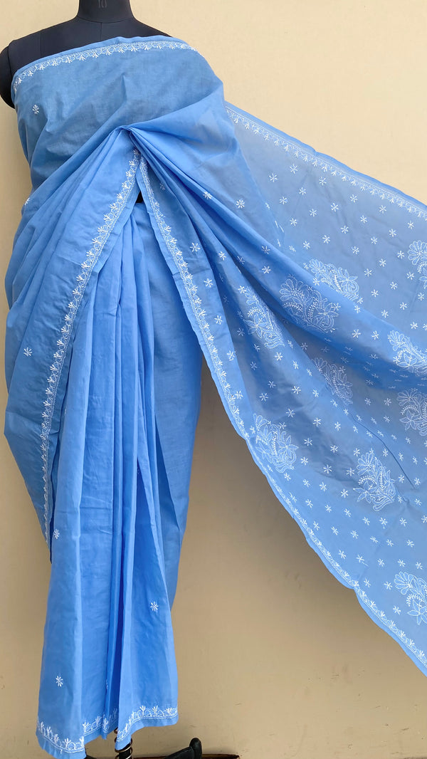 Lucknowi Chikankari Saree Blue Cotton