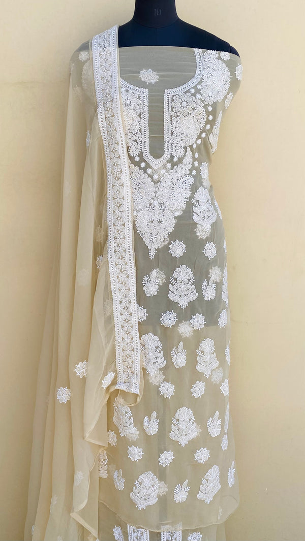 Lucknowi Chikankari Suit Length 3 Piece Beige Georgette