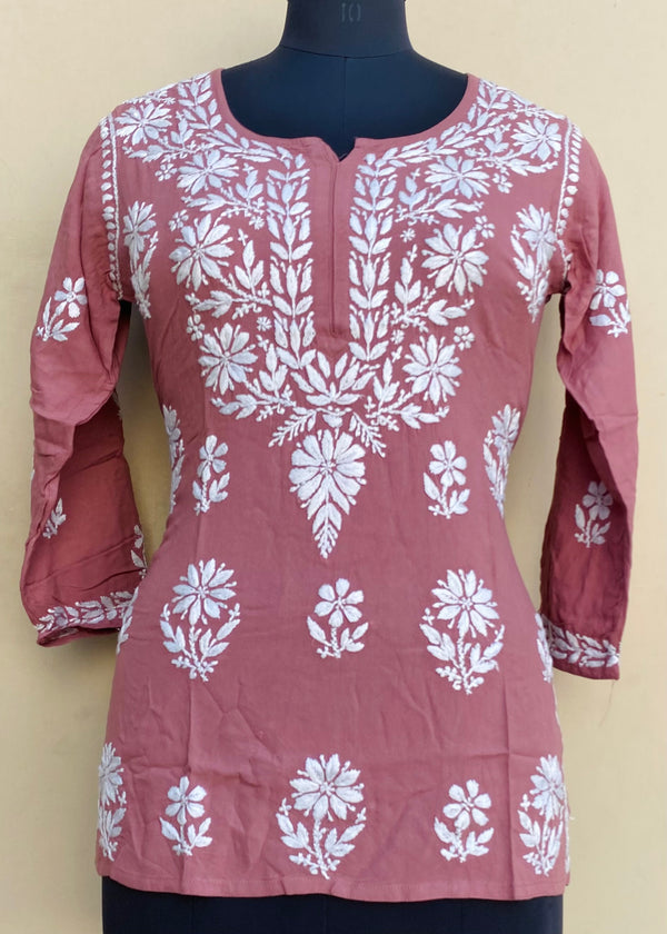 Lucknowi Chikankari Short Kurti Rose Pink Modal Cotton