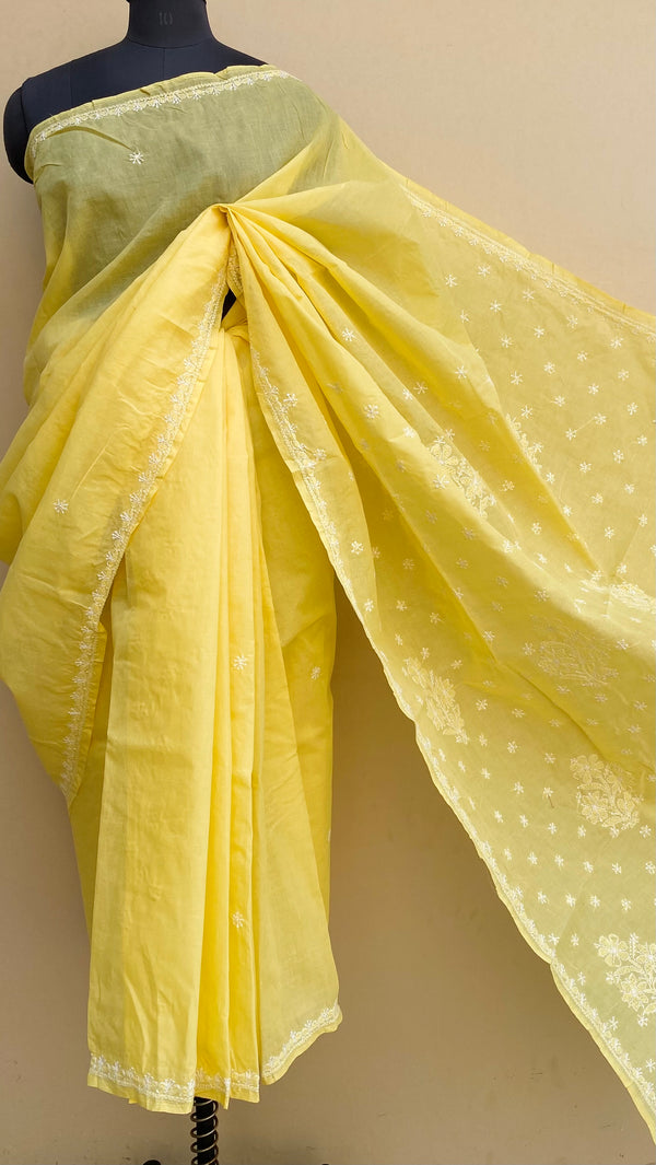 Lucknowi Chikankari Saree Yellow  Cotton