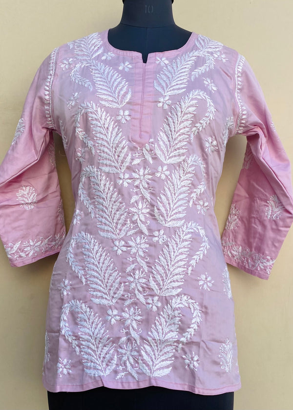 Lucknowi Chikankari Short Kurti Pink Muslin Cotton