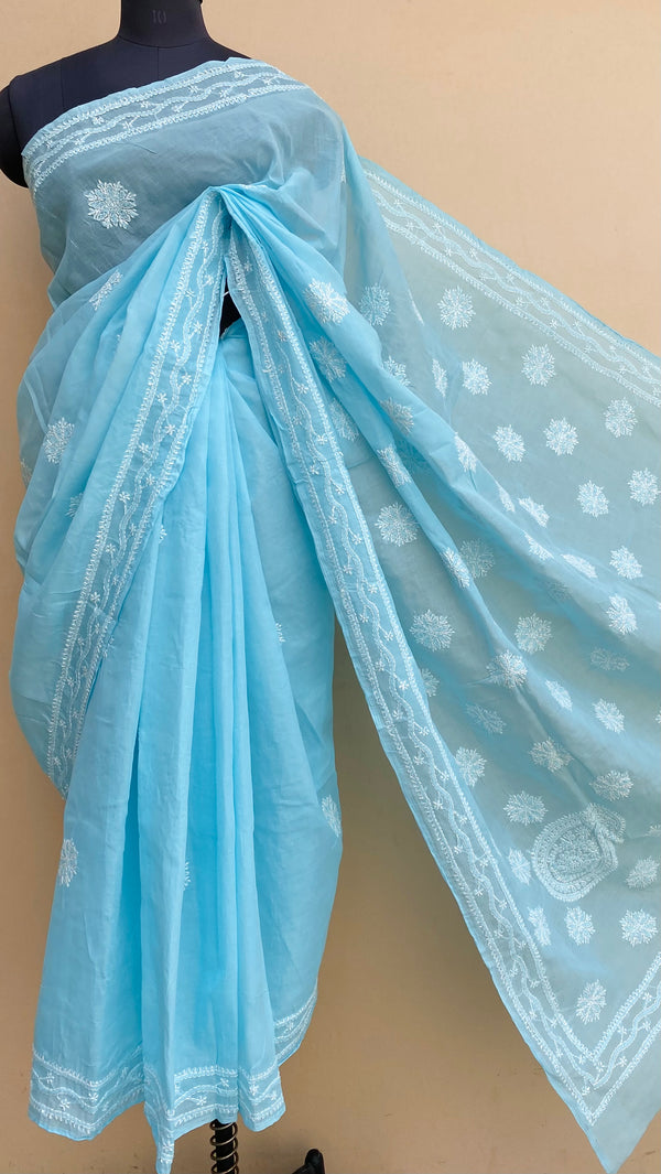 Lucknowi Chikankari Saree Blue Cotton