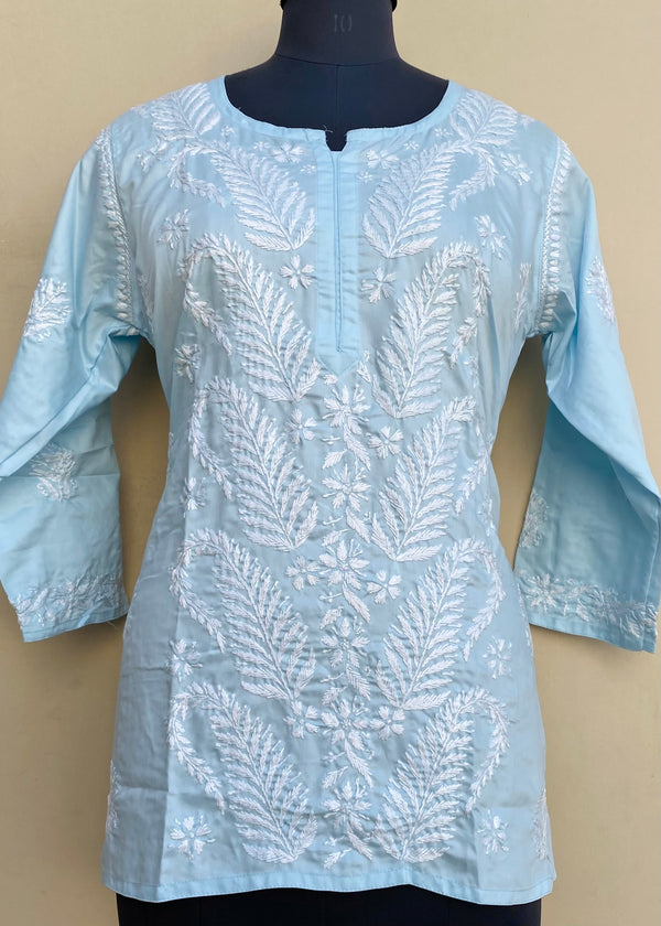 Lucknowi Chikankari Short Kurti Powder Blue Muslin Cotton