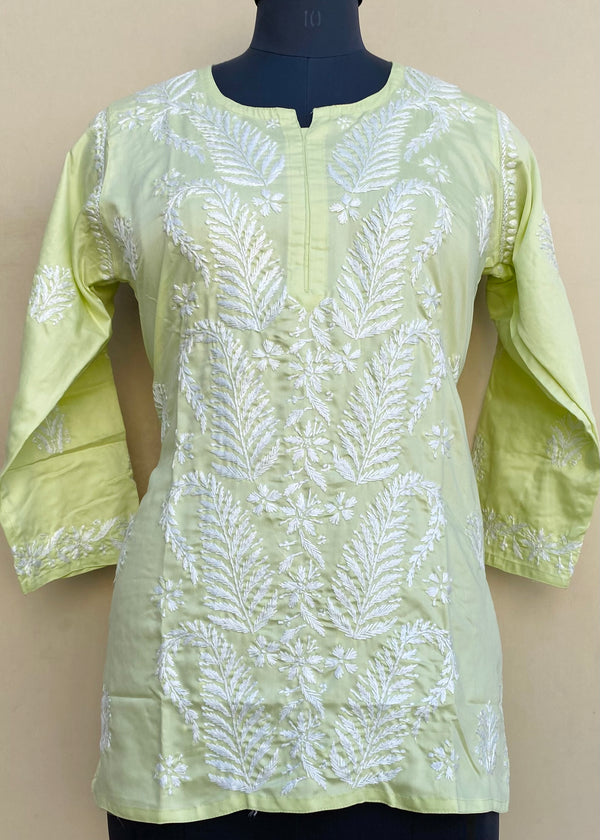 Lucknowi Chikankari Short Kurti Parrot Green Muslin Cotton