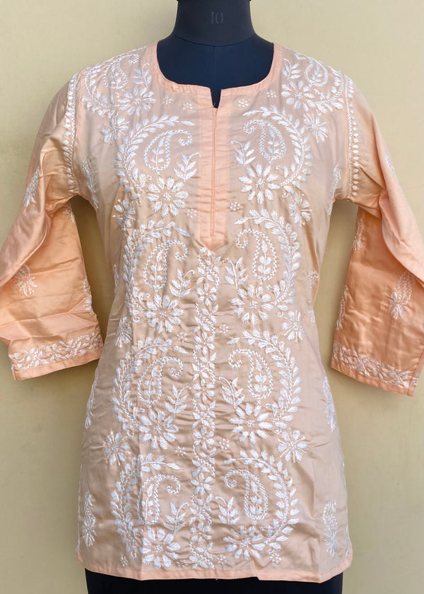 Lucknowi Chikankari Short Kurti Peach Muslin Cotton