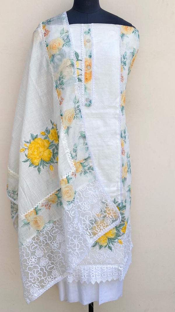 Designer Embroidered Suit Length 3 Piece White Linen With Pearl Work