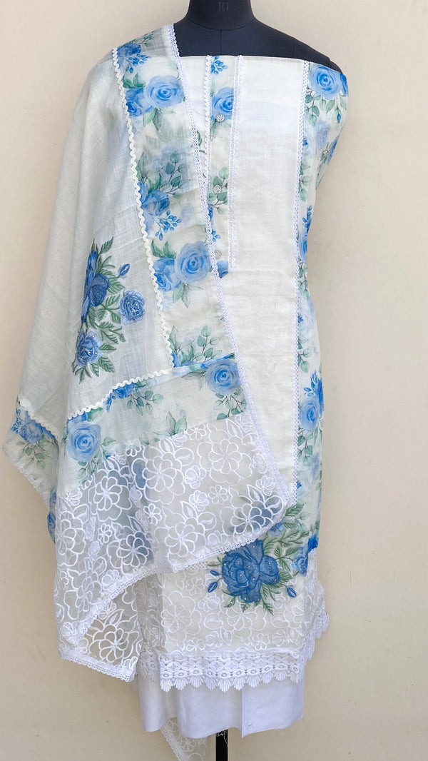 Designer Embroidered Suit Length 3 Piece White Linen With Pearl Work