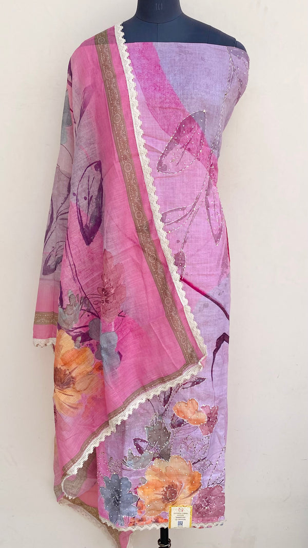 Designer Embroidered Suit Length 3 Piece Pink Linen With Pearl & Sequence Work