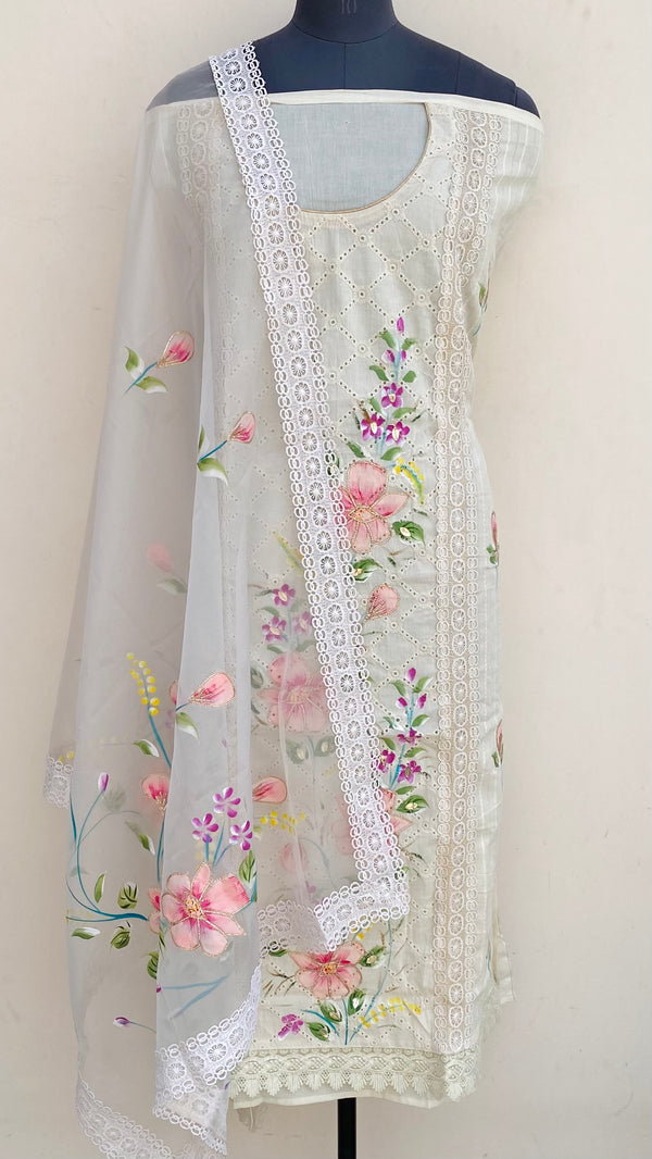Designer Embroidered Suit Length 3 Piece Cream Mal Cotton With Gotta Patti Work