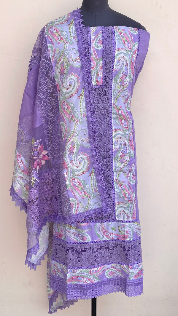 Designer Embroidered Suit Length 3 Piece Purple Mal Cotton With Sequence Work