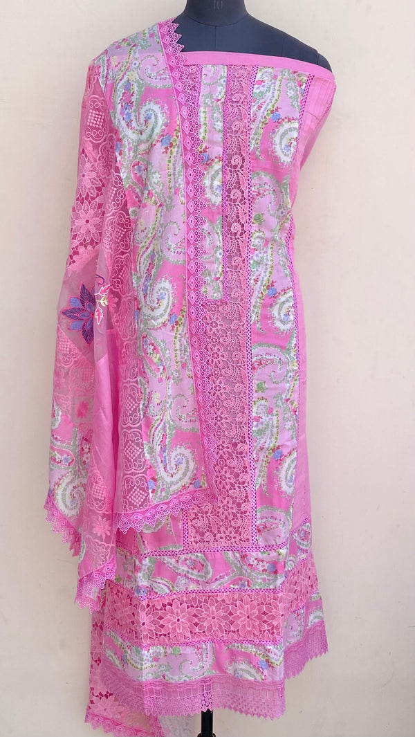 Designer Embroidered Suit Length 3 Piece Pink Mal Cotton With Sequence Work