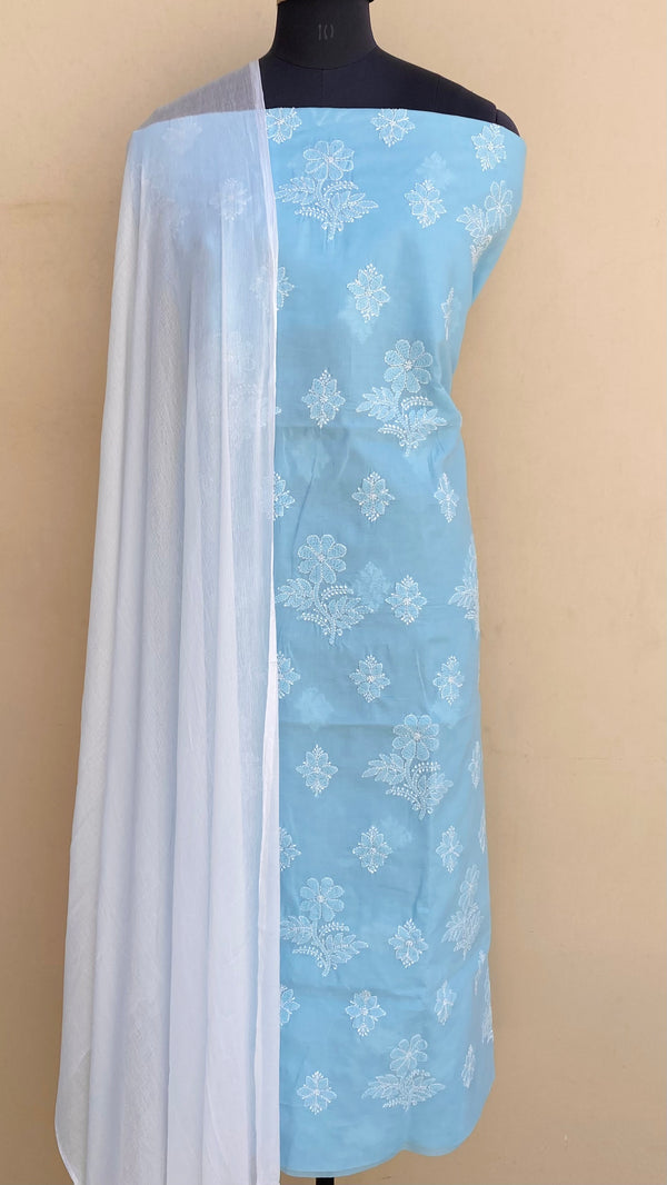 Lucknowi Chikankari Suit Length 3 Piece Blue Cotton