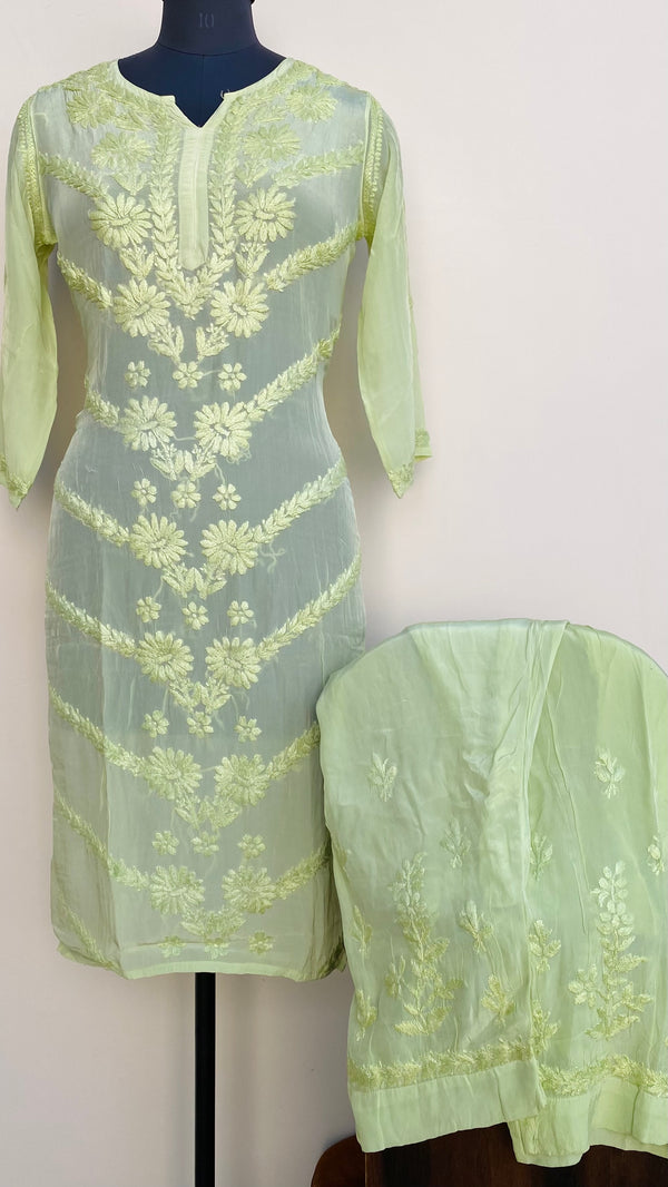 Lucknowi Chikankari Co-ord Set Parrot Green Organza With Self Work