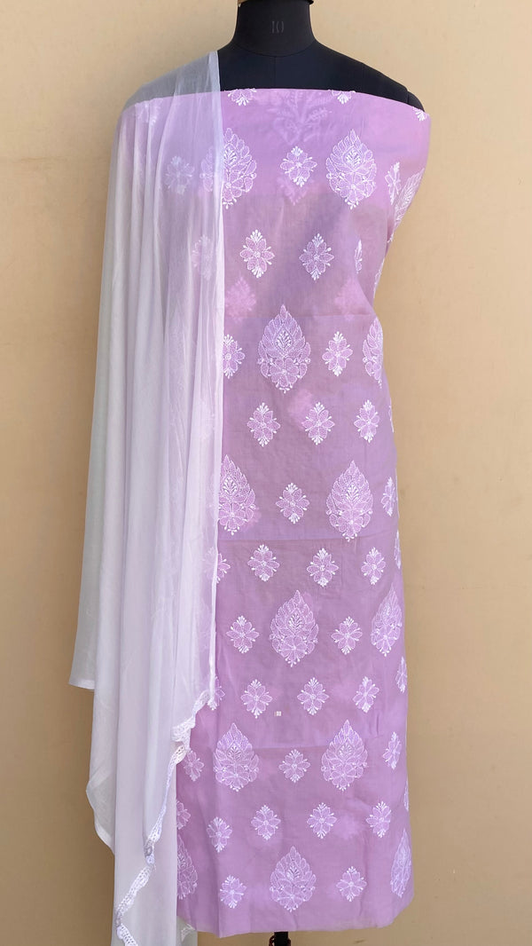 Lucknowi Chikankari Suit Length 3 Piece Purple Cotton