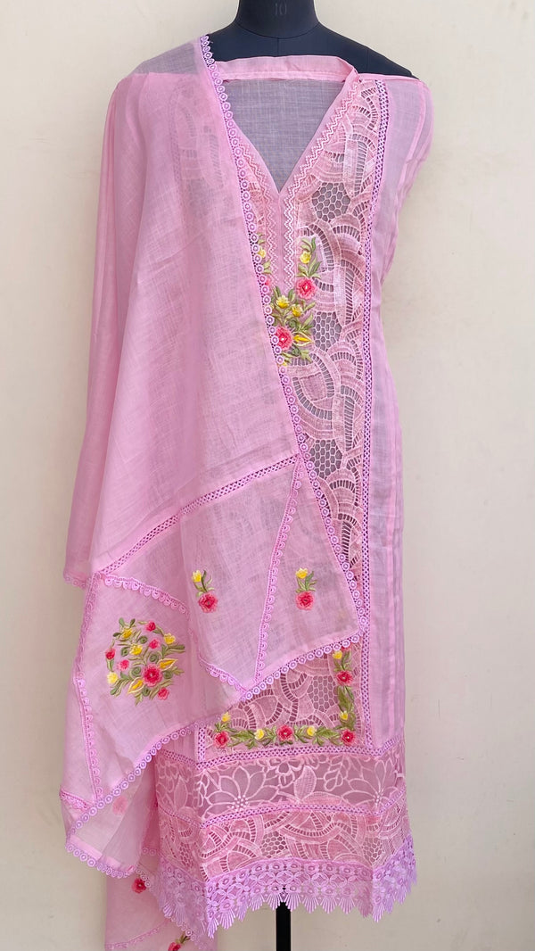 Designer Embroidered Suit Length 3 Piece Pink Linen With Mirror & Sequence Work