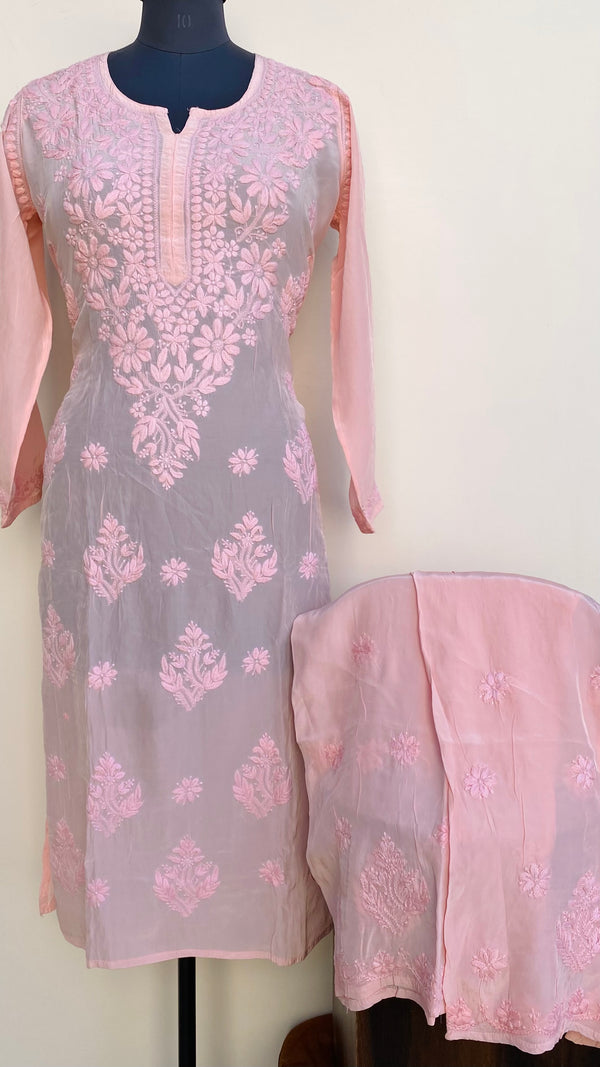 Lucknowi Chikankari Co-ord Set Pink Organza With Self Work