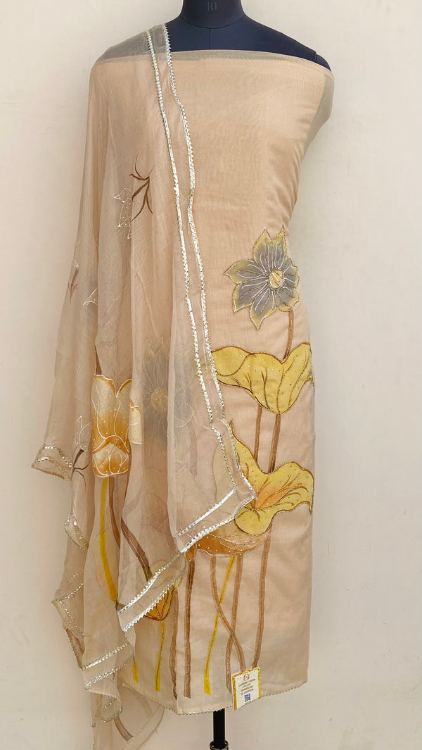 Designer Embroidered Suit Length 3 Piece Beige Mal Chanderi With Cutdana Work