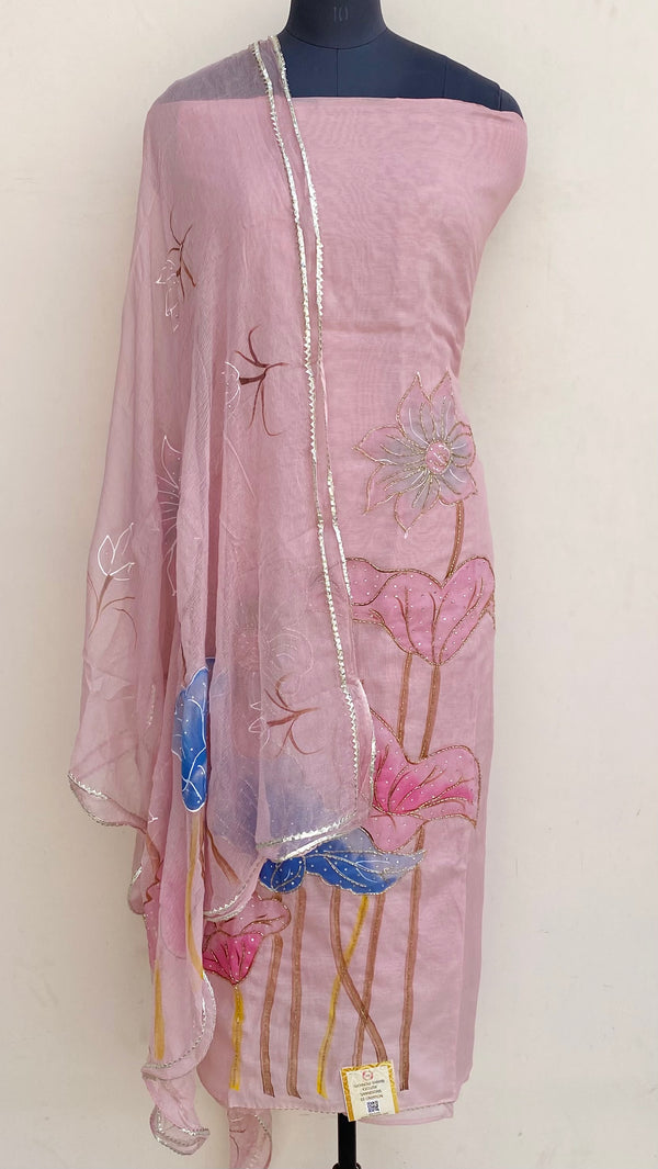 Designer Embroidered Suit Length 3 Piece Pink Mal Chanderi With Cutdana Work