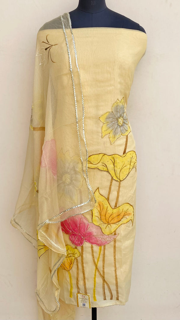 Designer Embroidered Suit Length 3 Piece Yellow Mal Chanderi With Cutdana Work
