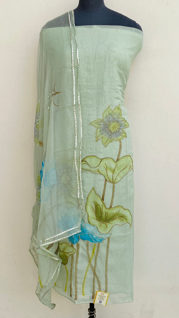 Designer Embroidered Suit Length 3 Piece Green Mal Chanderi With Cutdana Work