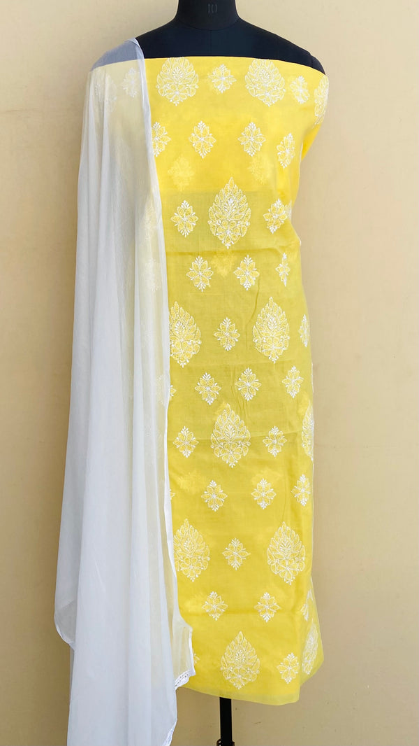 Lucknowi Chikankari Suit Length 3 Piece Yellow Cotton