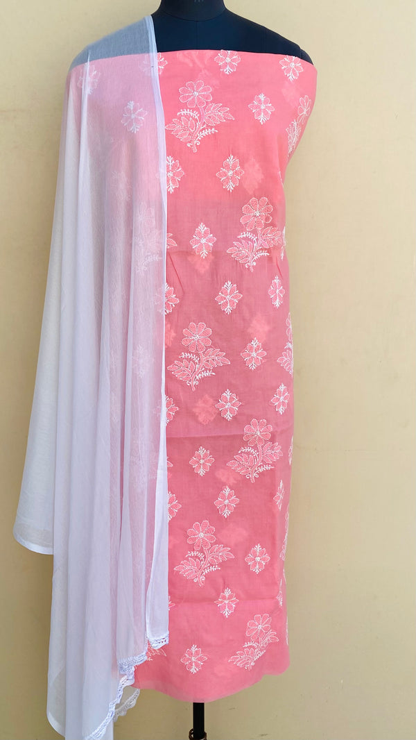 Lucknowi Chikankari Suit Length 3 Piece Pink Cotton