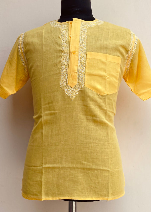 Lucknowi Chikankari Men’s Half Sleeves Short Kurta Yellow Cotton With Pocket
