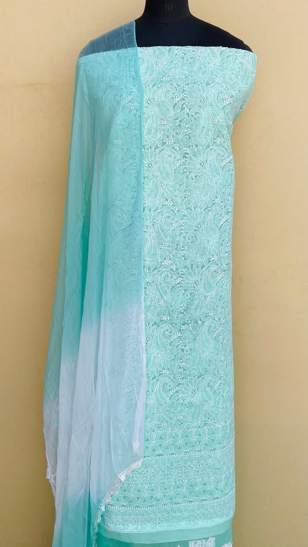 Lucknowi Chikankari Suit Length 3 Piece Sea Green Cotton