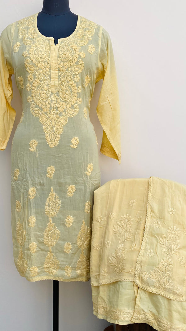 Lucknowi Chikankari Co-ord Set Yellow Muslin Cotton With Self Work