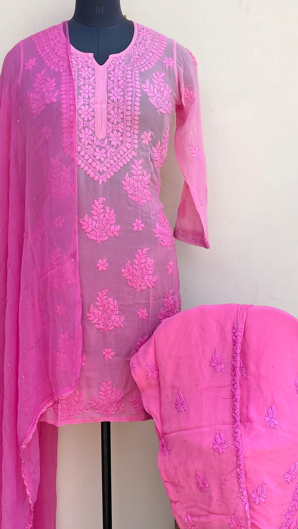 Lucknowi Chikankari Ombre Co-ord Set Pink Pure Georgette With Self 3D & Mukaish Work