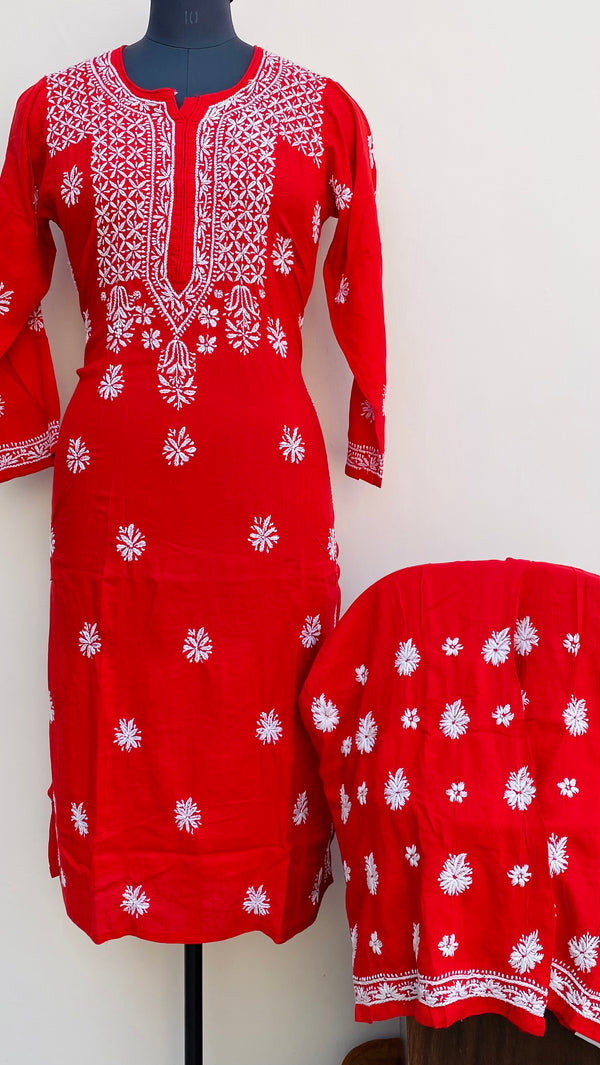 Lucknowi Chikankari Co-ord Set Red Muslin Cotton