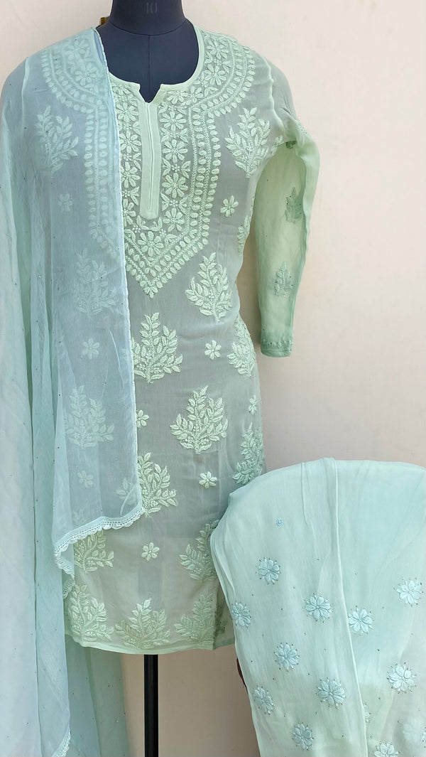 Lucknowi Chikankari Co-ord Set Green Pure Georgette With Self 3D & Mukaish Work
