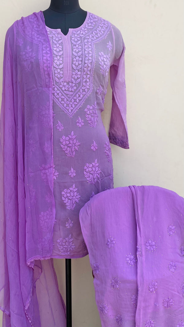 Lucknowi Chikankari Ombre Co-ord Set Purple Pure Georgette With Self 3D & Mukaish Work
