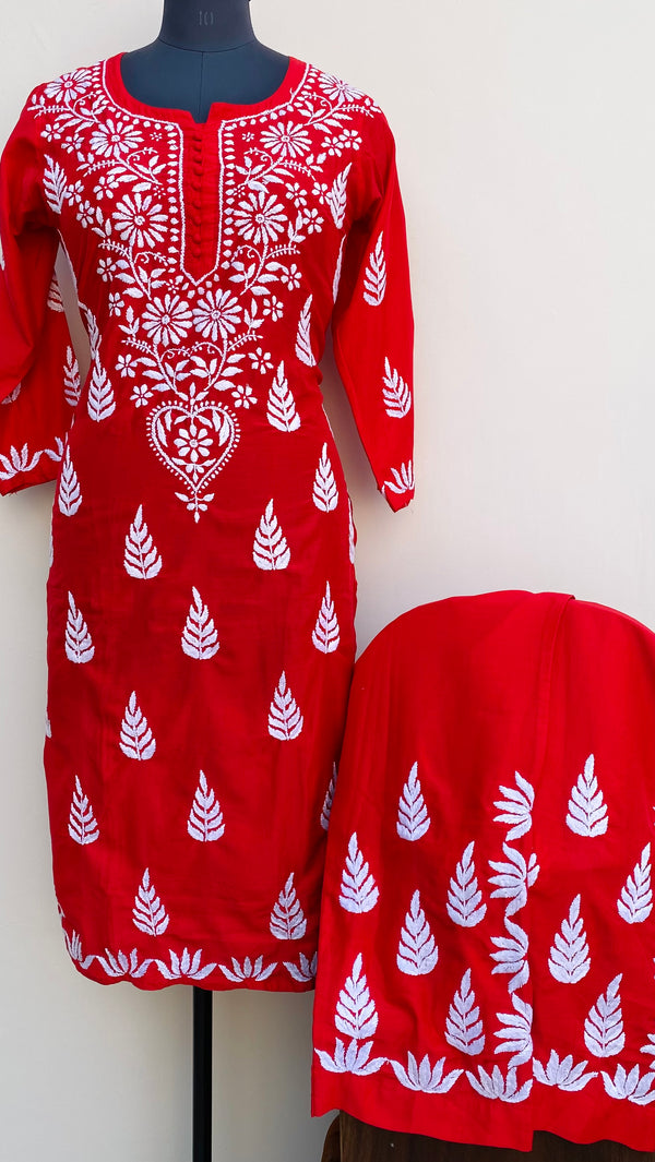 Lucknowi Chikankari Co-ord Set Red Muslin Cotton