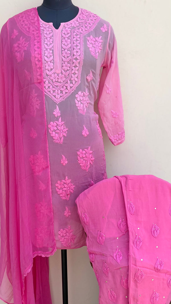 Lucknowi Chikankari Ombre Co-ord Set Pink Pure Georgette With Self 3D & Mukaish Work