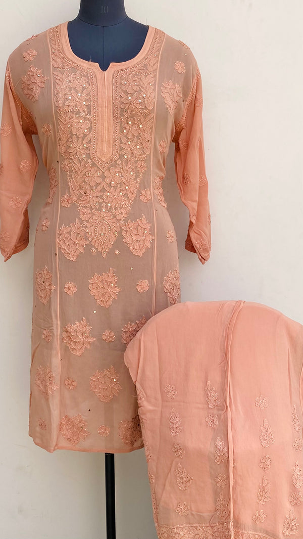 Lucknowi Chikankari Co-ord Set Copper Pure Georgette With Resham & Mukaish Work