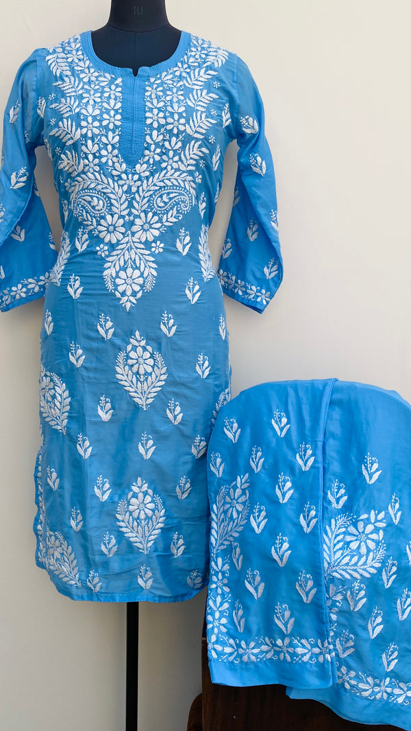 Lucknowi Chikankari Co-ord Set Blue Muslin Cotton