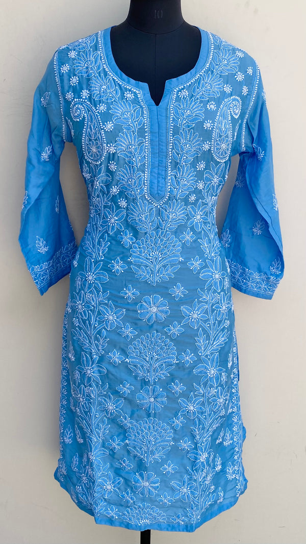 Lucknowi Chikankari Kurti Blue Muslin Cotton