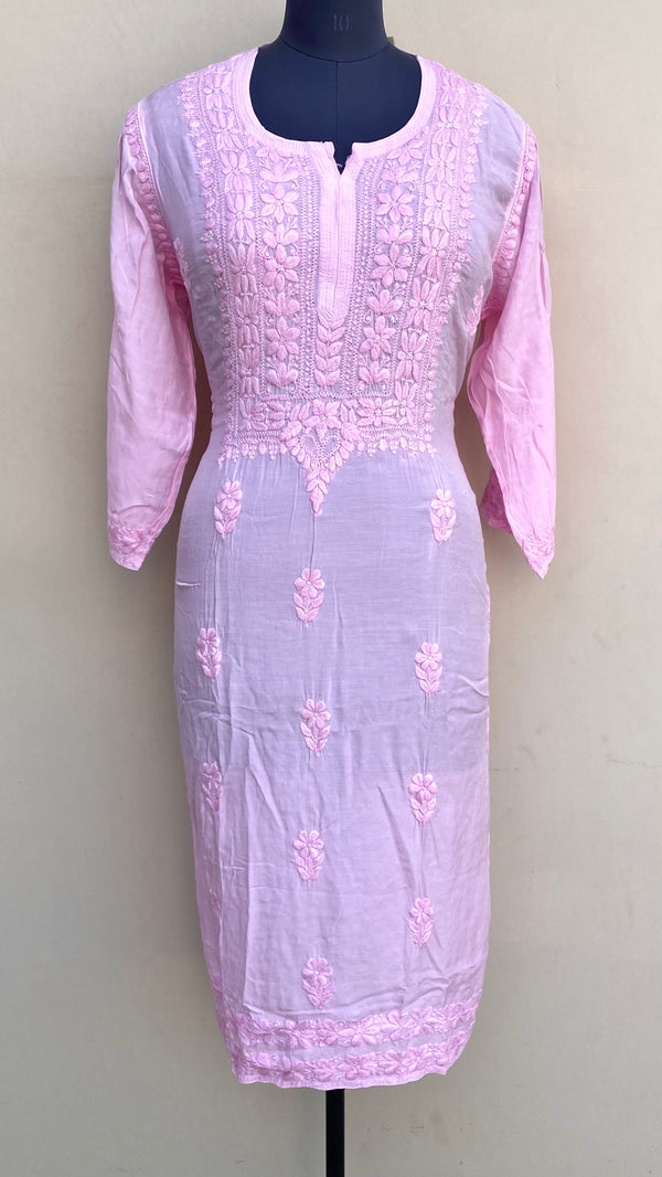 Lucknowi Chikankari Kurti Pink Muslin Cotton With Self 3D Work