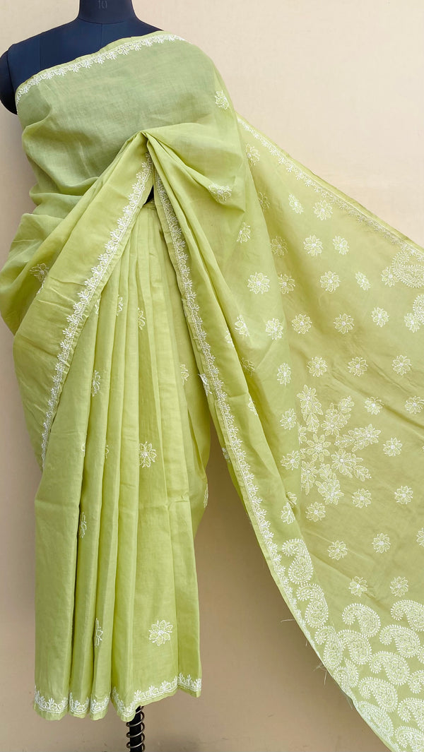 Lucknowi Chikankari Saree Pista Green Cotton