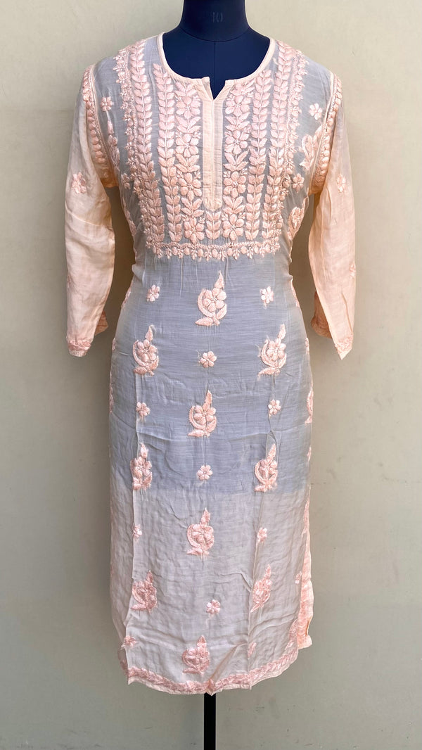 Lucknowi Chikankari Kurti Peach Muslin Cotton With Self 3D Work